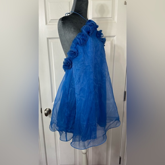 Main Strip Royal Blue Dress w/ structured ruffles halter open back organza - Picture 4 of 10